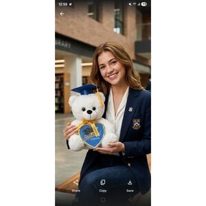 Graduation Plush White Teddy Bear with Cap & Diploma Holding Heart Frame 17.5"